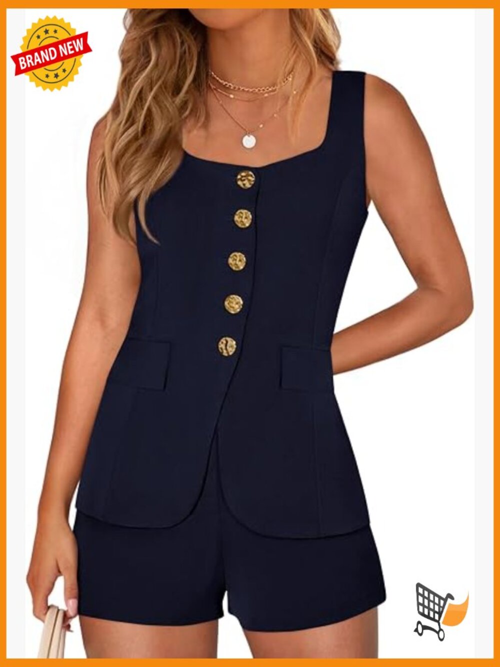Matching Two Piece Set Vest Top and Shorts Summer Outfits Sleeveless Square Neck